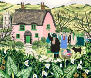 Pink Cottage & Washing Line. Landscape Figurative Paintings by Vanessa Bowman. Oil on card.