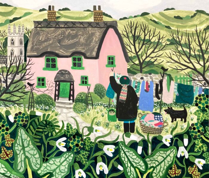 Pink Cottage & Washing Line. Landscape Figurative Paintings by Vanessa Bowman. Oil on card.