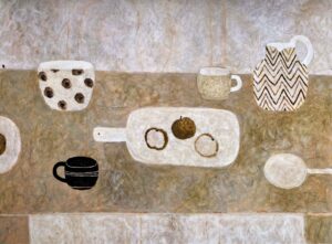 Apples & Spotted Bowl. Still Life Interiors Paintings by Sarah Bowman. Oil on canvas.