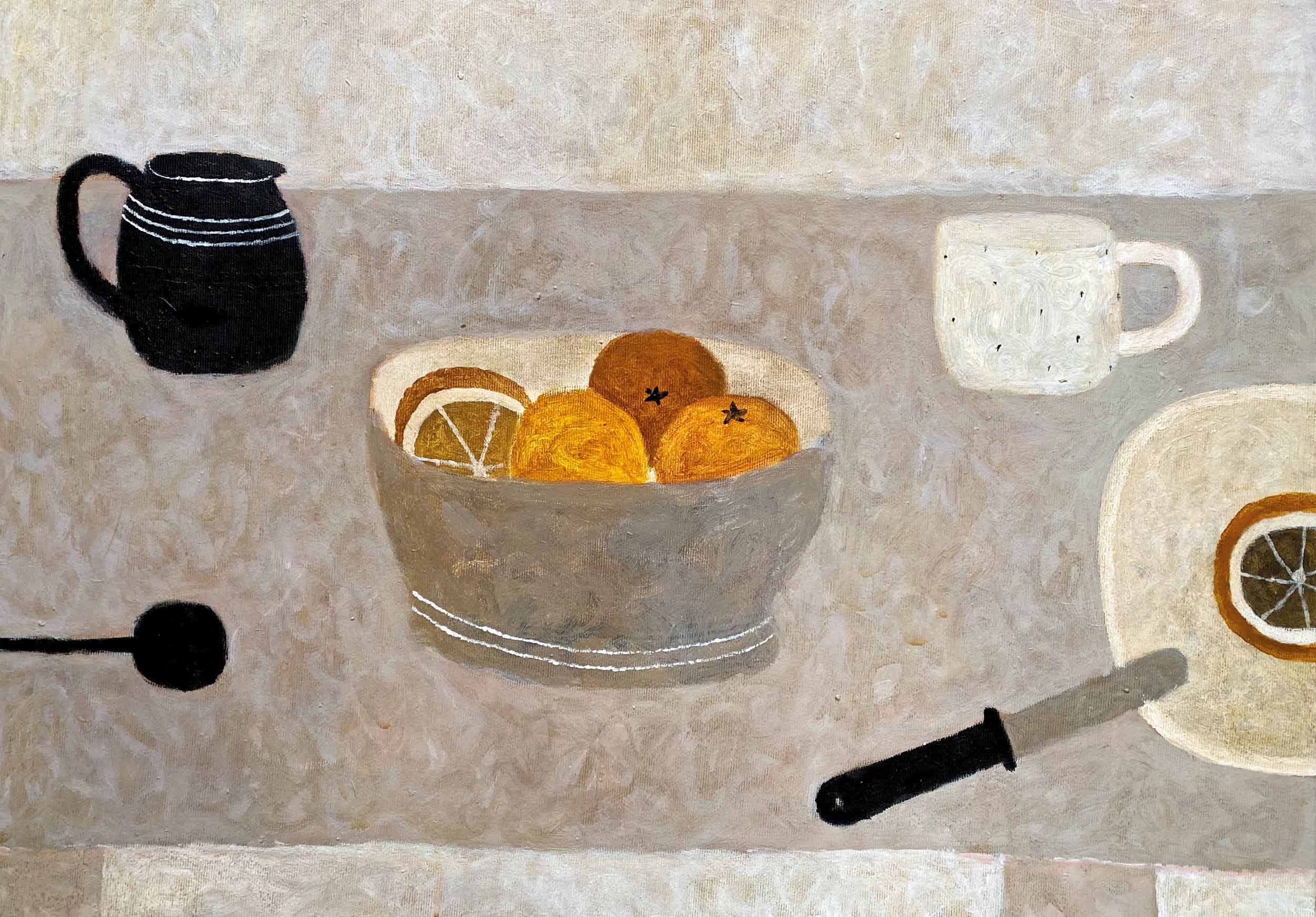 Fruit Bowl, Black Jug. Still Life Interiors Paintings by Sarah Bowman. Oil on canvas.