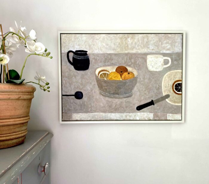 Fruit Bowl, Black Jug. Still Life Interiors Paintings by Sarah Bowman. Oil on canvas.