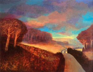 Autumn Road. Seascape  Paintings by Charlie Baird. Mixed media on board.