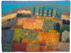 Finca. European Landscape Paintings by Charlie Baird. Mixed media on board.