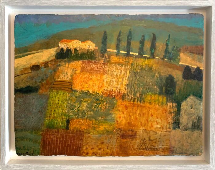 Finca. European Landscape Paintings by Charlie Baird. Mixed media on board.