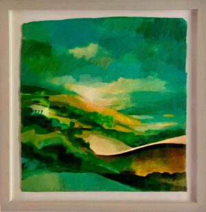 Hill. Landscape  Paintings by Charlie Baird. Mixed media on khadi paper.