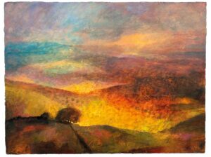 Over the Hills. Landscape  Paintings by Charlie Baird. Mixed media on board.