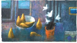 Still Life With Lilies & Pears. Still Life Floral Paintings by Charlie Baird. Mixed media on board.
