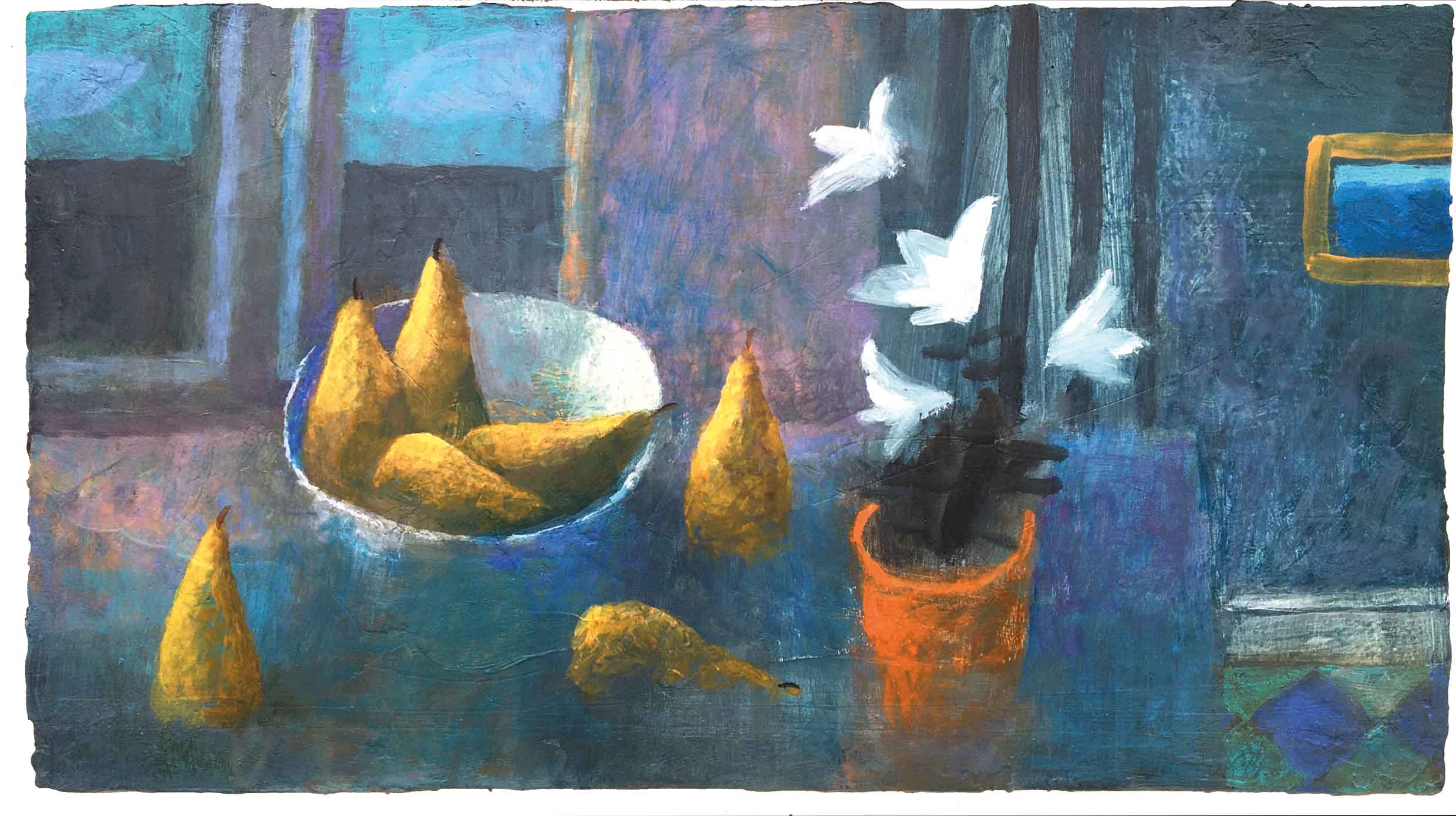 Still Life With Lilies & Pears. Still Life Floral Paintings by Charlie Baird. Mixed media on board.