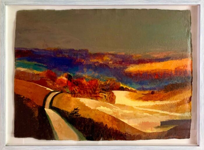 Summer Hills. Landscape  Paintings by Charlie Baird. Mixed media on khadi paper.