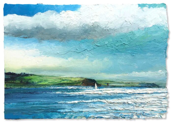 A Bantham Sail. Devon Seascape Paintings by David Morgan. Oil on board.