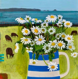 Daisies and Black Sheep. Birds & Animals Landscape Paintings by Emma Dunbar. Acrylic on board.