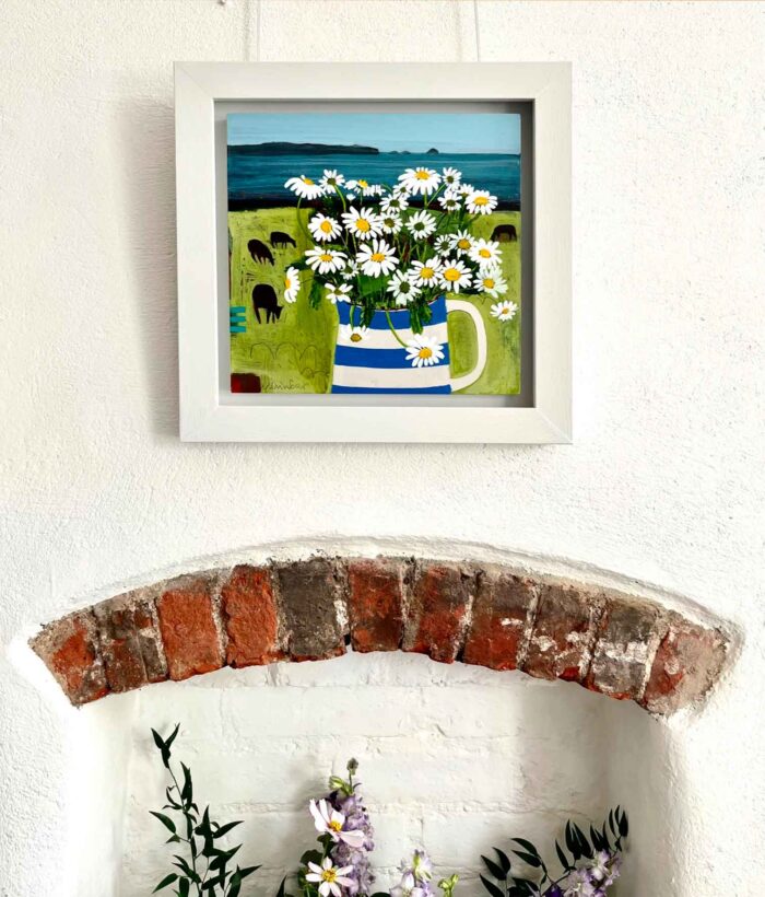 Daisies and Black Sheep. Birds & Animals Landscape Paintings by Emma Dunbar. Acrylic on board.
