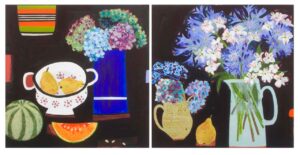 With a Little Help From My Friends (Diptych). Still Life Floral Paintings by Emma Dunbar. Acrylic on board.