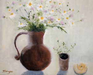 Chamomile, Scabious, Thyme & Ammonite. Interiors Still Life Paintings by Jane Brayne. Oil on board.
