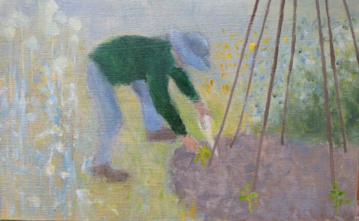 Seedlings. Landscape Figurative Paintings by Jane Brayne. Oil on board.