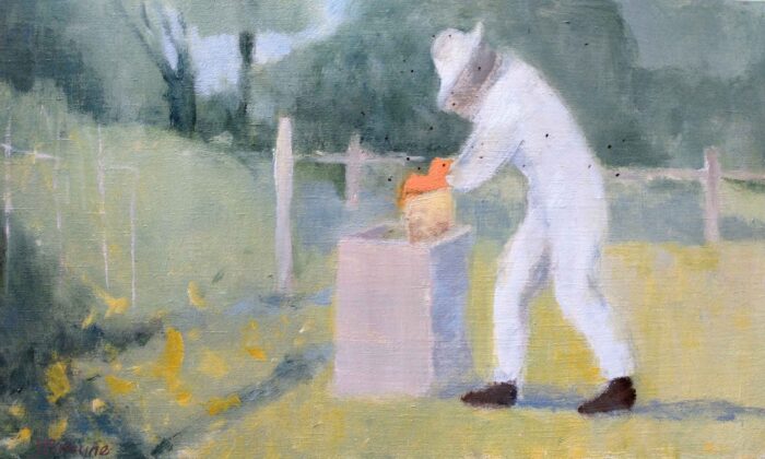 The Beekeeper. Landscape Figurative Paintings by Jane Brayne. Oil on board.