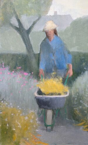 The Wheelbarrow. Landscape Figurative Paintings by Jane Brayne. Oil on board.