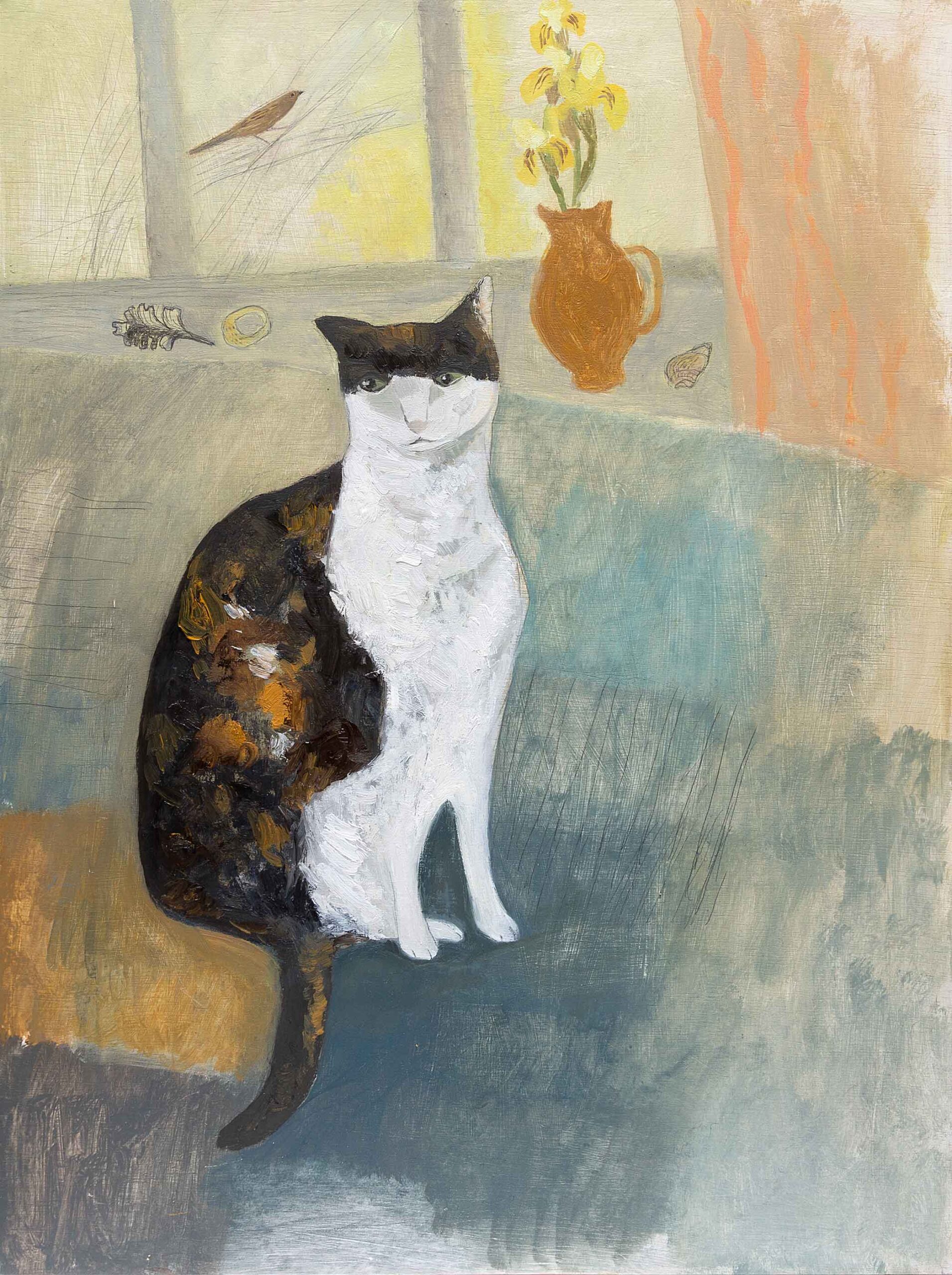 Margot & the Sparrow. Birds & Animals Interiors Paintings by Jo Aylward. Oil on panel.