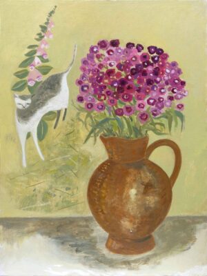 Shy Cat in the Garden. Birds & Animals Floral Paintings by Jo Aylward. Oil on panel.