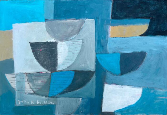 Telling Stories on a Beach. Seascape Abstract Paintings by John Button. Acrylic on board.