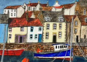 Bright Day at the Harbour.   Paintings by Stephanie Dees. Mixed Media.
