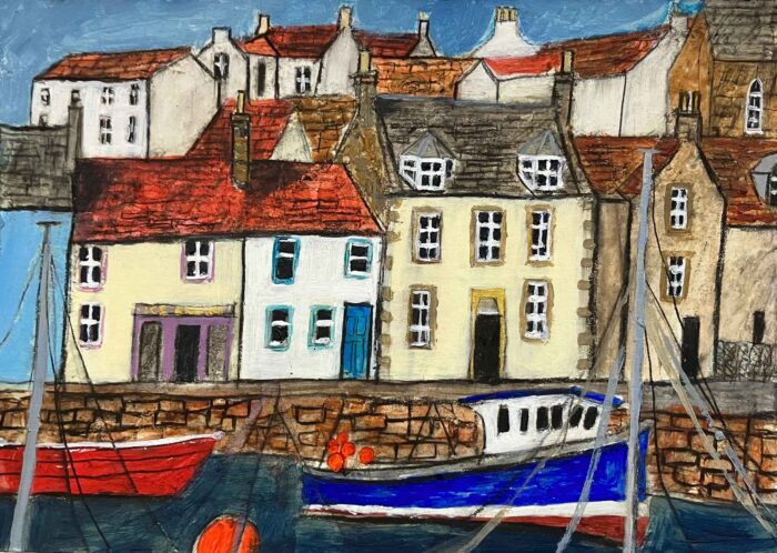 Bright Day at the Harbour.   Paintings by Stephanie Dees. Mixed Media.