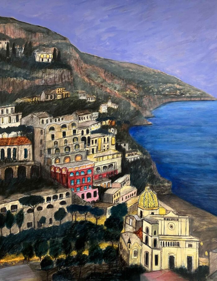 Dusk, Positano. European Seascape Paintings by Stephanie Dees. Mixed Media.
