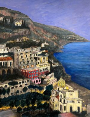 Dusk, Positano. European Seascape Paintings by Stephanie Dees. Mixed Media.