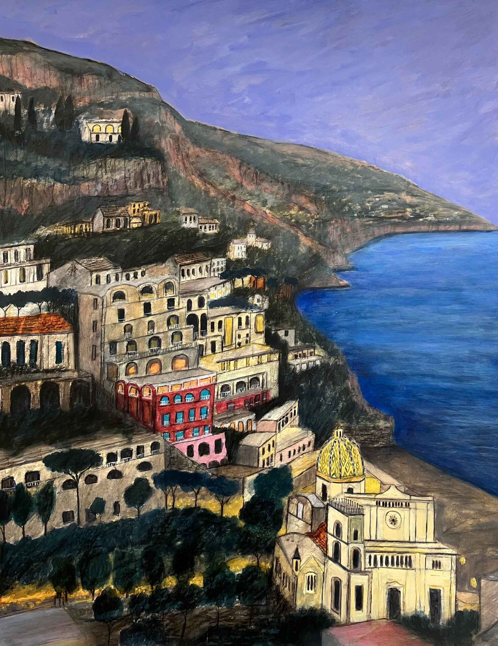 Dusk, Positano. European Seascape Paintings by Stephanie Dees. Mixed Media.