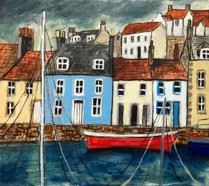 Red Boat. Seascape  Paintings by Stephanie Dees. Mixed Media.