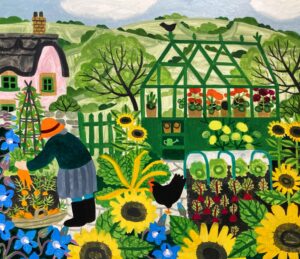 Summer Veg Patch. Landscape Floral Paintings by Vanessa Bowman. Oil on card.