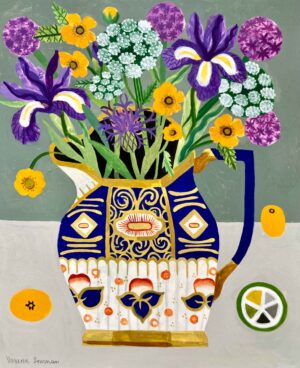 Irises in Doulton Jug. Still Life Floral Paintings by Vanessa Bowman. Oil on card.