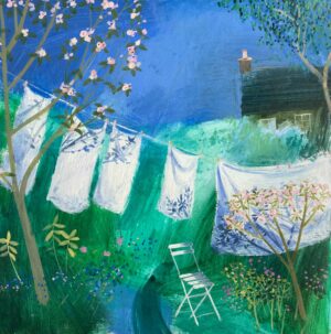 Apple Blossom & Clean Sheets. Landscape  Paintings by Jane Askey. Acrylic on paper.