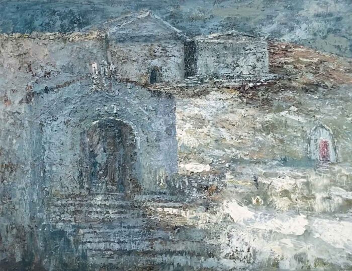Greek Buildings. Landscape Interiors Paintings by Ellen Watson. Mixed media on canvas board.