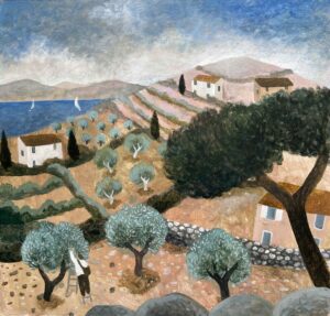 Olive Pickers, Dusk. European Landscape Paintings by Sarah Bowman. Oil on board.