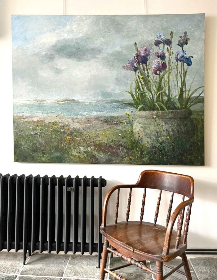 Irises in a Pot, Isles of Scilly. Seascape Floral Paintings by Ellen Watson. Mixed media on canvas. Irises in a Pot, Isles of Scilly. Seascape Floral Paintings by Ellen Watson. Mixed media on canvas.