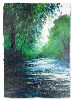 Upstream, River Dart. Dartmoor Devon Paintings by David Morgan. Oil on board.