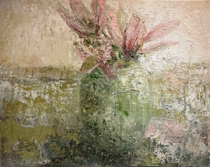 Green Pot & Magnolias. Still Life Floral Paintings by Ellen Watson. Oil on canvas.