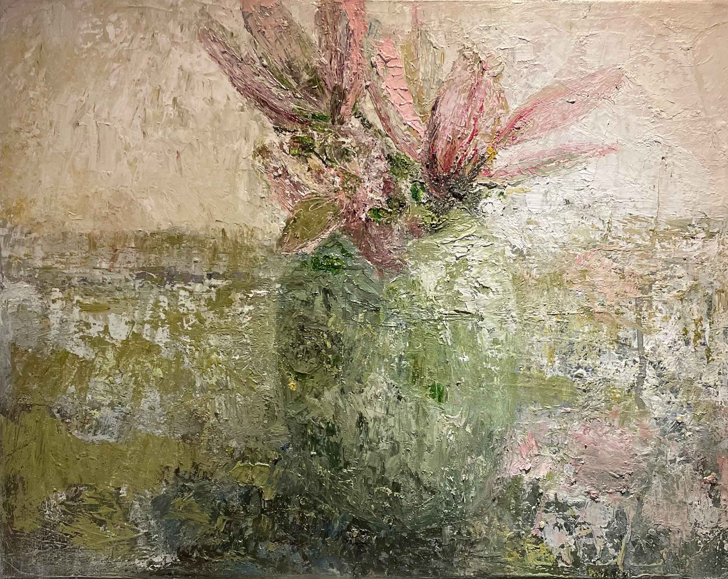 Green Pot & Magnolias. Still Life Floral Paintings by Ellen Watson. Oil on canvas.
