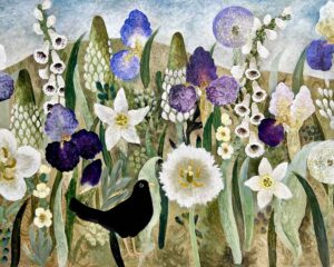 Blackbird & Tulips. Floral Birds & Animals Paintings by Sarah Bowman. Oil on board.