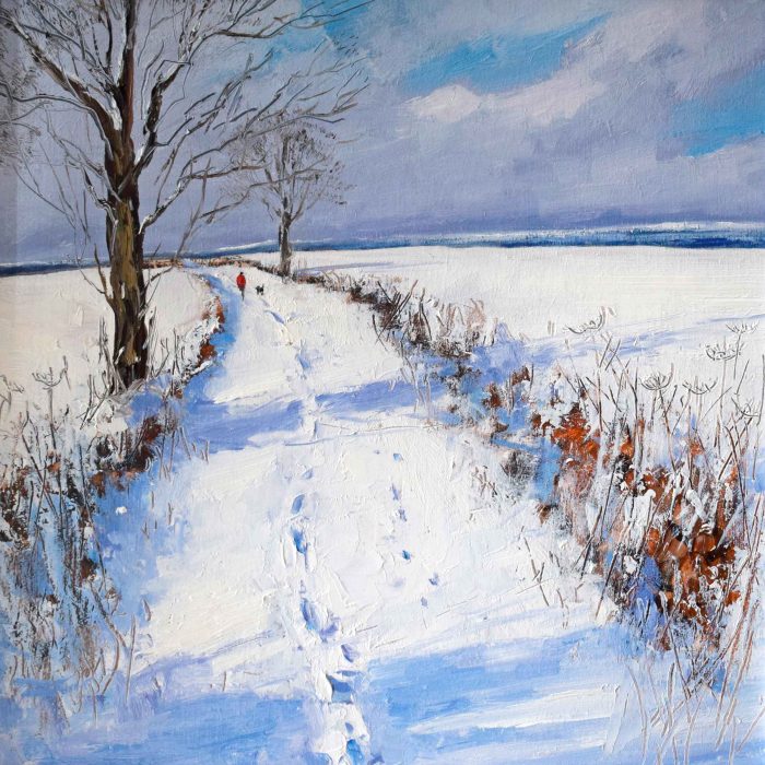 Winter Morning Dog Walk. Birds & Animals Landscape Paintings by Caroline McMillan Davey. Oil on board.