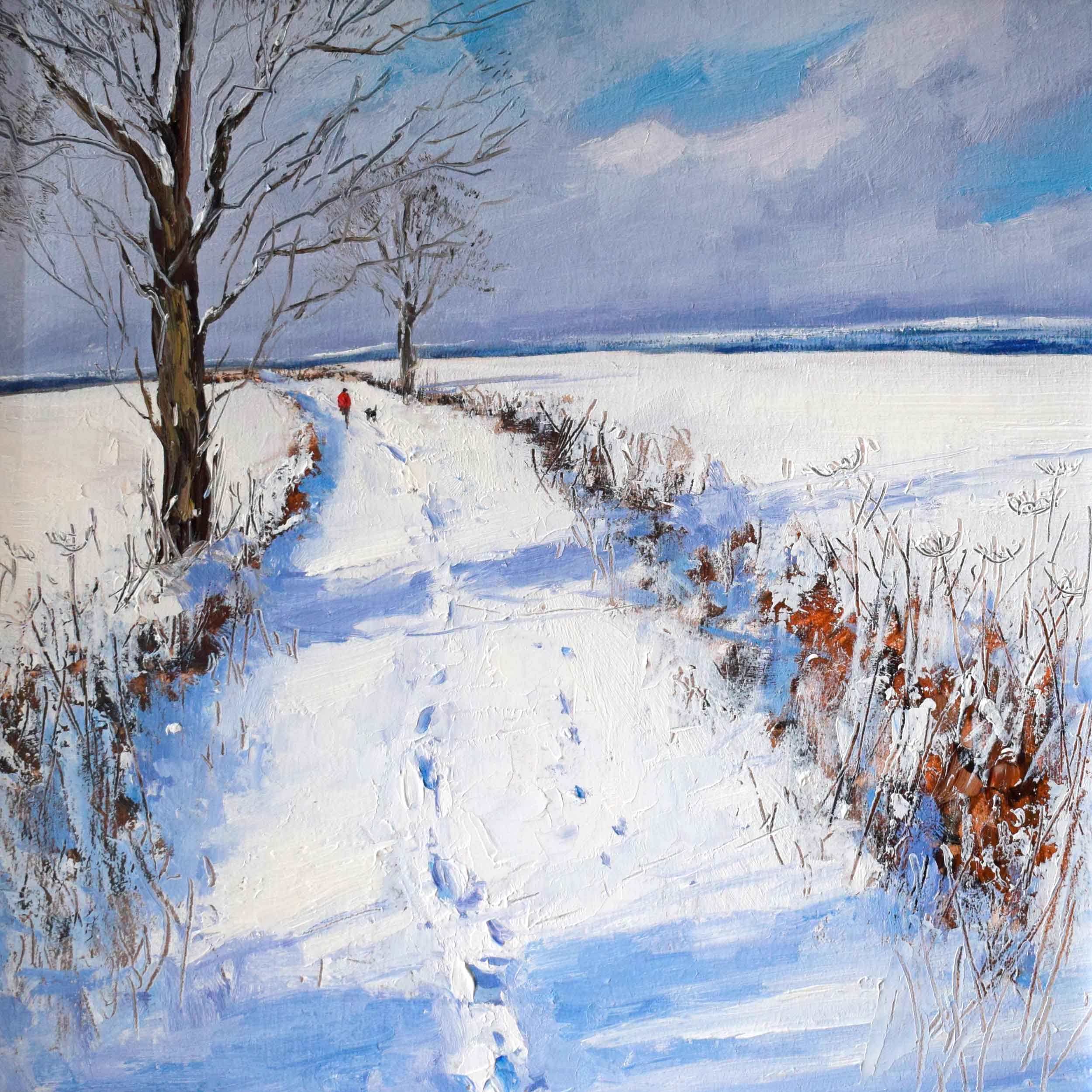 Winter Morning Dog Walk. Birds & Animals Landscape Paintings by Caroline McMillan Davey. Oil on board.