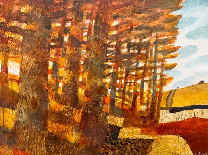 Copse Path. Landscape  Paintings by Charlie Baird. Mixed media on board.
