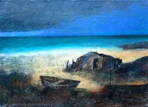 Fisherman's Hut. Seascape  Paintings by Charlie Baird. Mixed media on khadi paper.