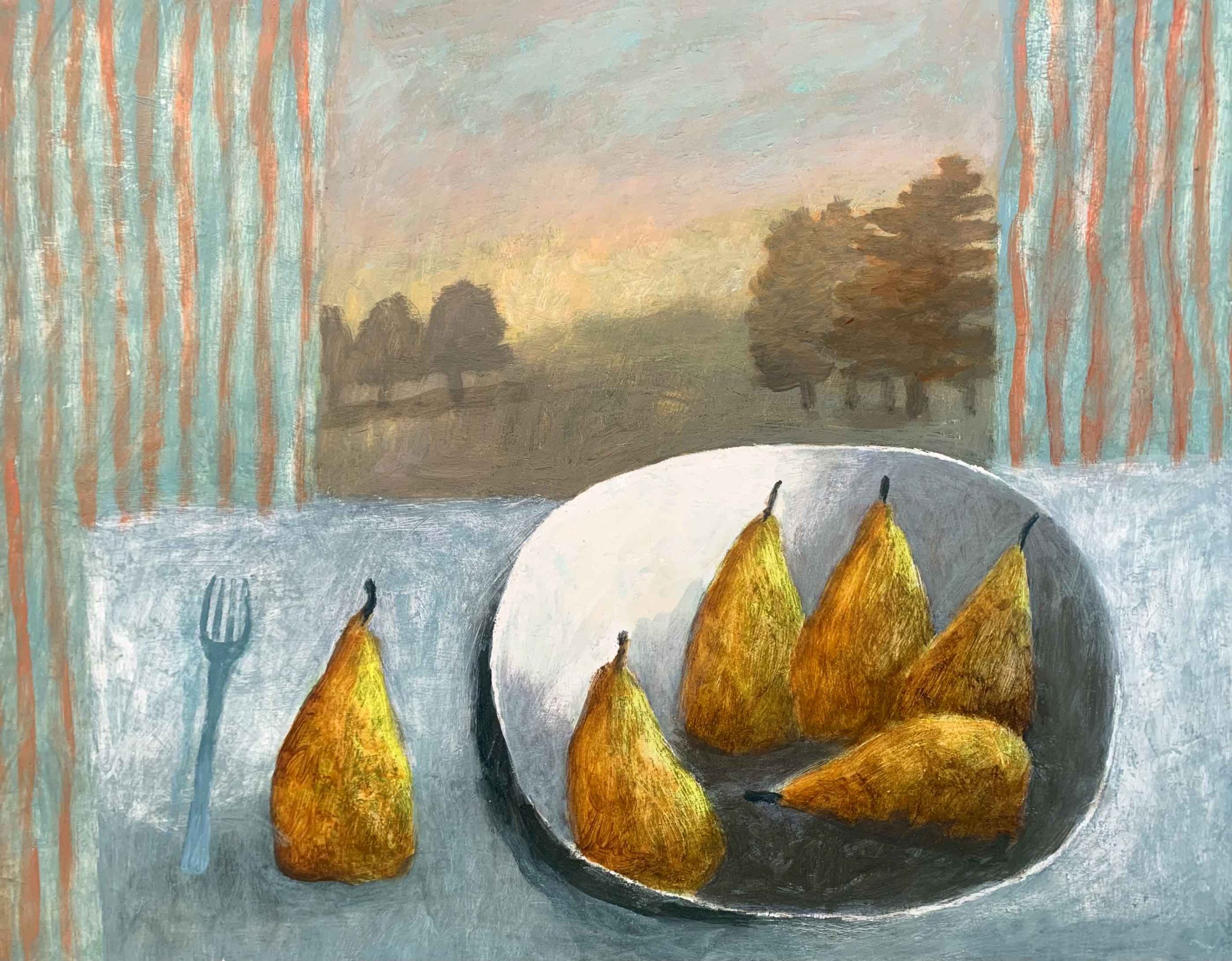 Still Life with Pears and Fork. Still Life Interiors Paintings by Charlie Baird. Mixed media on board.