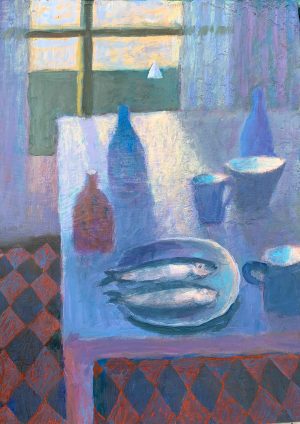 Still Life with Fish. Still Life Interiors Paintings by Charlie Baird. Mixed media on board.