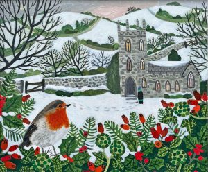 Christingle in the Snow. Birds & Animals Landscape Paintings by Vanessa Bowman. Oil on card.