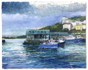 Fishing Boats, Mevagissey. Cornwall Seascape Paintings by David Morgan. Oil on board.