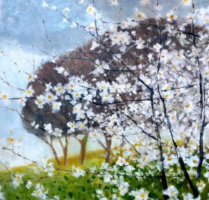 Blackthorn Winter II. Landscape  Paintings by Jane Brayne. Oil on board.
