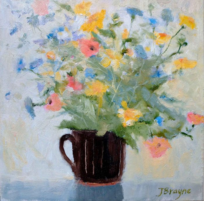 Corn Marigold, Cornflower & Poppy. Still Life Floral Paintings by Jane Brayne. Oil on lime wood panel.